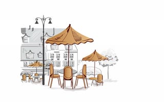 Картинка Уличное кафе, столики, дома, зонтики, стулья, деревья