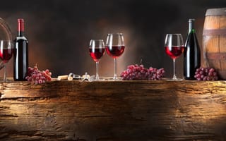 Картинка гроздья, Бочонки, бокалы, бутылки, вино, виноград