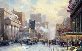 Картинка Thomas kinkade, city, painting, street, snow on seventh avenue, 1932, art, snow, new york, winter