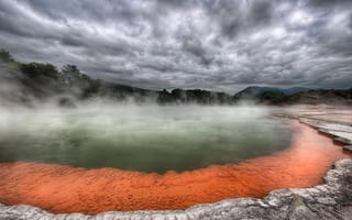 Картинка вулкана, источник, тучи, Горячий, лава, туман, пар, деревья, озеро