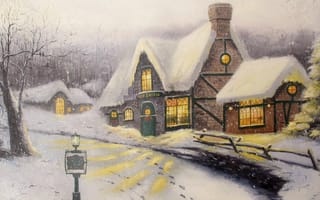 Обои живопись, снег, коттедж, картина, зима, Thomas kinkade