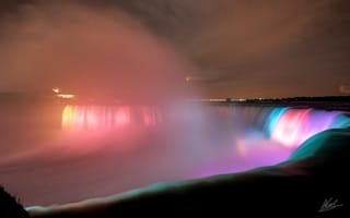 Картинка Ниагарский водопад, ночь, город, подсветка, вода, огни