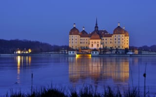 Картинка замок, Германия, вечер, саксония, свет, огни, морицбург
