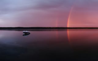 Картинка Вечер, озеро, радуга, лодка
