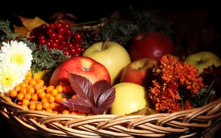 Картинка листья, цветы, Яблоки, фрукты, облепиха, осень, корзина