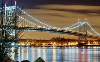 Картинка вечер, огни, город, Сша, new york, нью-йорк, мост