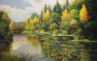 Картинка landscape, смешанный лес, живопись, начало осени, Mark kalpin