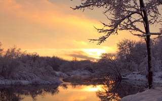 Картинка зима, деревья, вечер, река, иней, закат