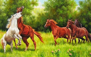 Картинка лето, кони игривые, живопись, лес, елена самарская