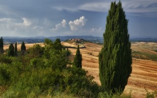 Картинка тоскана, дорога, италия, холмы, дома, кипарис