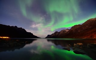 Картинка северное сияние, ночь, Залив, Норвегия