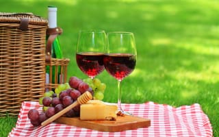 Картинка вино, виноград, сыр, на лужайке