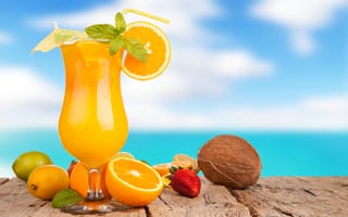 Картинка еда, сок, коктейль, кокос, апельсины, клубника