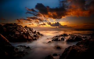 Картинка природа, закат, sky, море, sea, rock, небо, облака, скалы, clouds