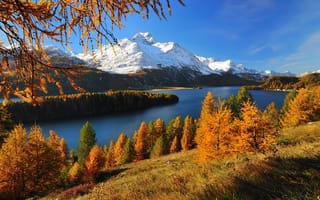 Картинка осень, горы, autumn, river, река, hill, холм, mountains