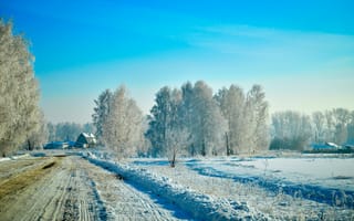 Картинка зима, снег, дорога, деревня