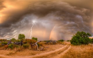 Картинка поле, молния, дорога, небо