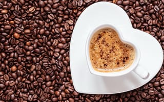 Картинка кофейные зерна, кофе, сердце, блюдце, чашка