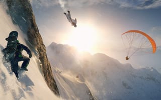 Картинка гора, парашютист, сноубордист