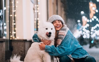 Картинка зима, девушка, собака, снег, улица