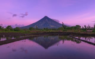 Картинка вулкан, озеро, закат, рябь, отражение