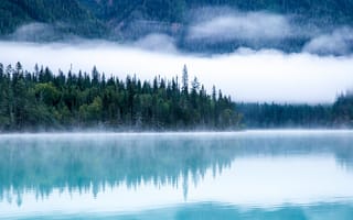 Картинка река, утро, гора, туман, склон, лес, облака