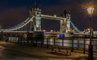 Картинка лондон, мост, огни, набережная, вечер, фонари