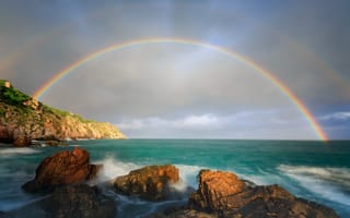 Картинка радуга, скалы, море, прибой