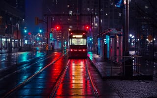 Картинка улица, трамвай, мокрый асфальт, огни