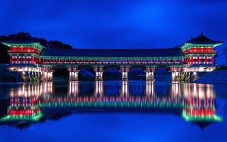 Картинка япония, над водой, отражение, сумерки, мост, водоем