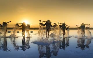 Картинка вьетнам, рыбаки, брызги, закат