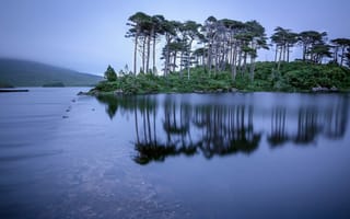 Картинка остров, деревья, штиль, озеро, отражение