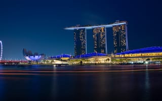 Картинка небоскрёб, ночь, огни, сингапур