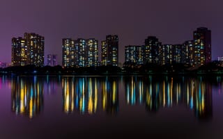 Картинка здания, город, река, отражение, ночь