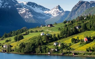 Картинка альпы, швейцария, вершины, деревушка, горы, склон