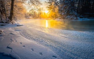 Картинка зима, рассвет, снег, река