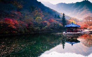 Картинка япония, горы, водоем, осень