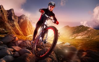 Картинка велосипедист, камни, кросс, колесо, на закате