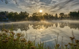 Картинка озеро, водоем, рассвет, туман, утро