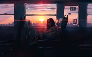 Картинка девушка, вагон, метро, на закате