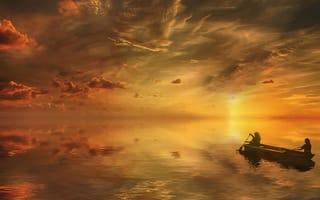 Картинка закат, море, золотой, силуэт, лодка