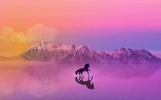 Картинка лошадь, горы, розовый, фиолетовый