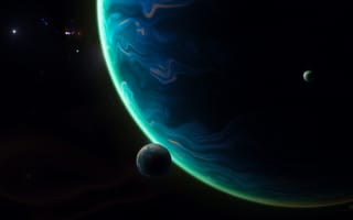 Картинка планета, космос, свечение, спутник