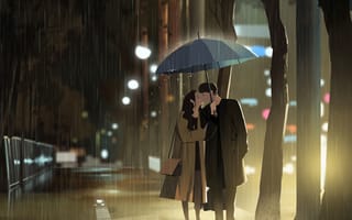 Картинка пара, влюбленные, под зонтом, рисунок, улица