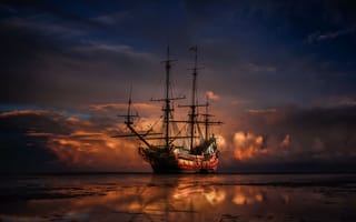 Картинка корабль, парусник, море, на закате