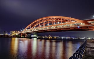 Картинка мост, ночь, река, подсветка, огни