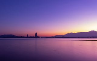 Картинка горизонт, фиолетовый, залив, закат