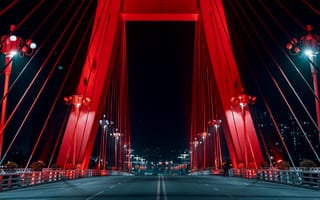 Картинка мост, красный, ночь, огни, дорога