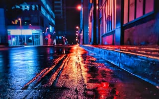 Картинка улица, дождь, асфальт, фонари, ночь