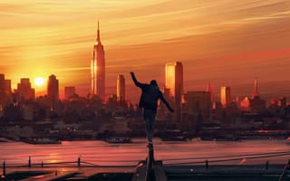 Картинка мужчина, город, небоскребы, на закате